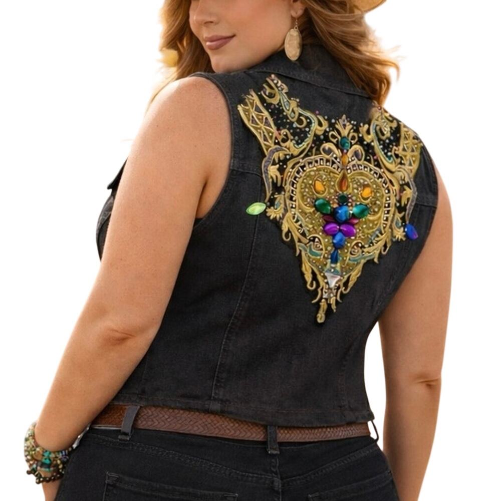 Custom Rhinestone Western Denim Vest Rodeo Queen Nashville Cowgirl Glam XL